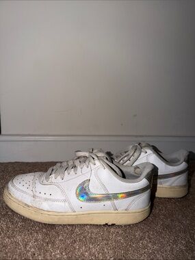 Nike White Sneakers with Iridescent Swoosh
